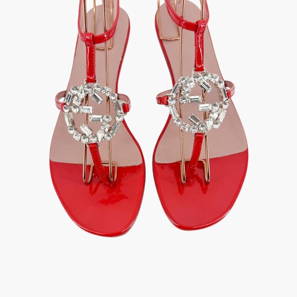 Gucci Crystal GG Interlock T-Strap Sandals EU 37 US 7 Red Patent Flat Logo Thong - Picture 4 of 13